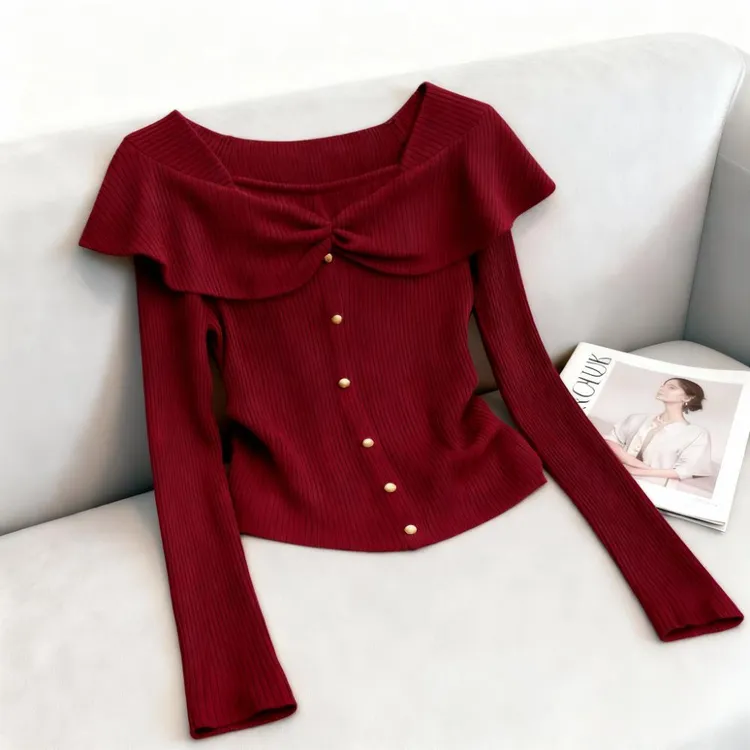 小众轻熟风荷叶边领长袖针织衫女2025新款秋冬修身显瘦上衣打底衫