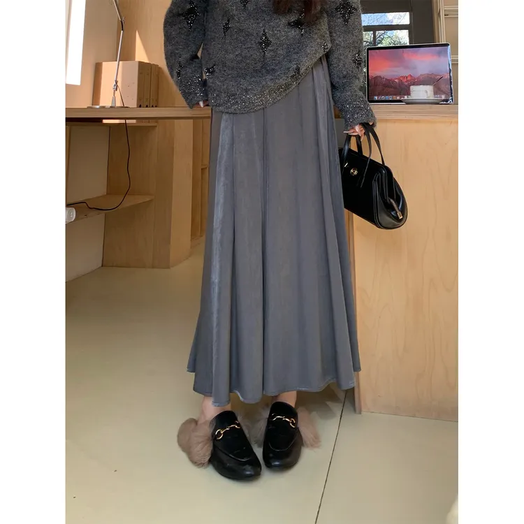 裂渡宣宣【灰疏影】气质中长款A字裙女冬百搭显瘦ins半身裙ZY510V26