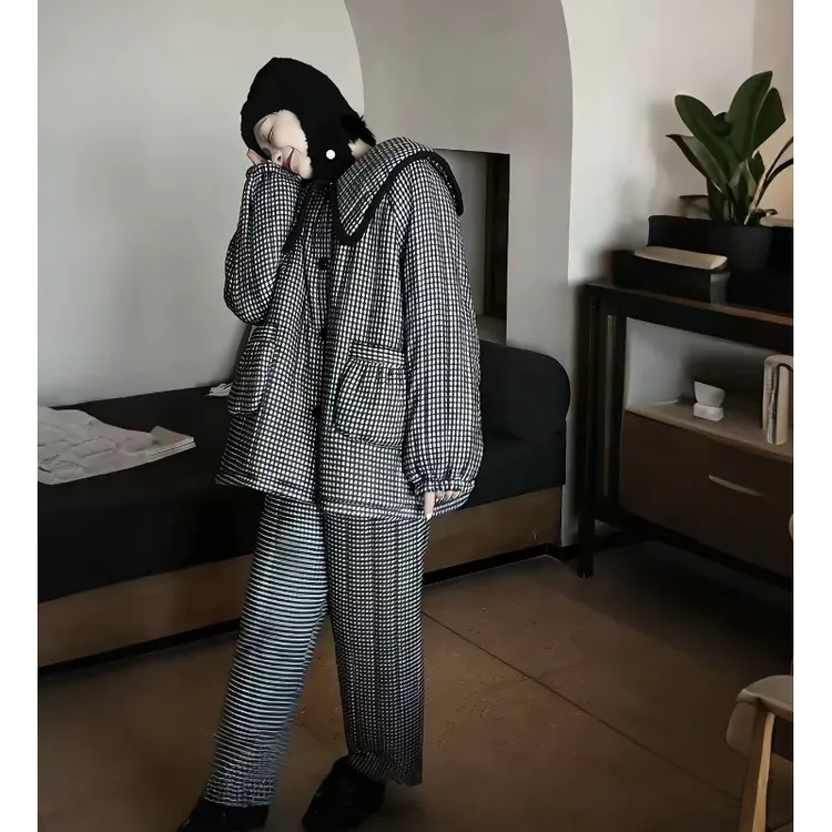 韩版格纹海军领夹棉睡衣女秋冬款新款加绒加厚棉服保暖家居服套装