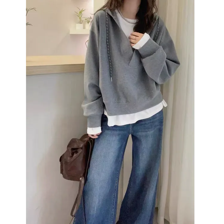 欧洲站2025早秋新款欧货连帽抽绳拼接假两件卫衣女宽松休闲上衣潮