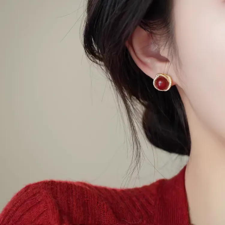 「南红玛瑙」天然红玛瑙新中式安可拉红耳饰蚊香盘耳夹无耳洞轻奢女