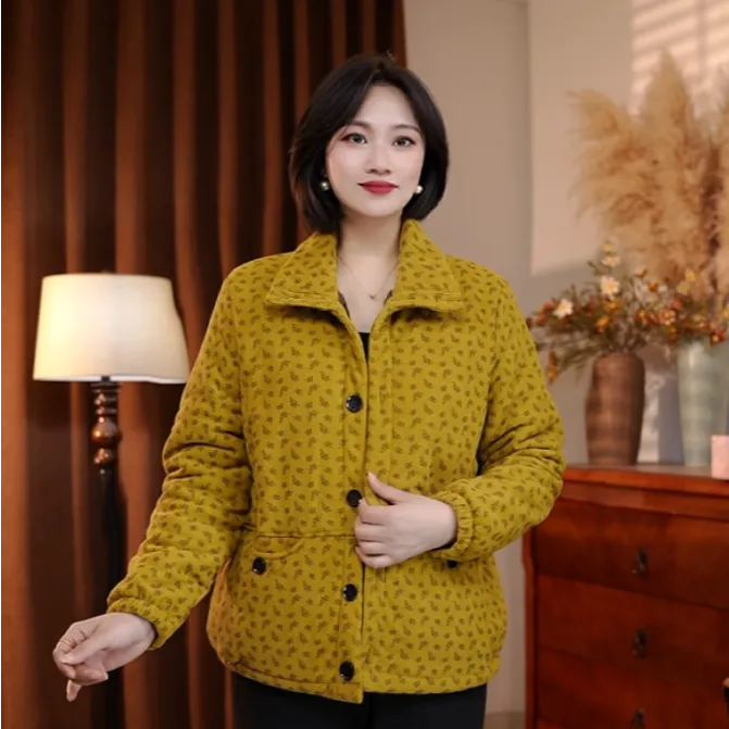 25冬季（加绒加厚）宽松纯色印花棉衣显瘦气质中年妈妈装保暖外套