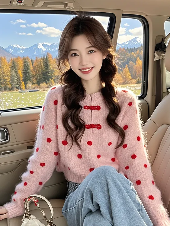 新中式国风粉色宽松套头毛衣女冬内搭波点打底衫宽松针织盘扣上衣