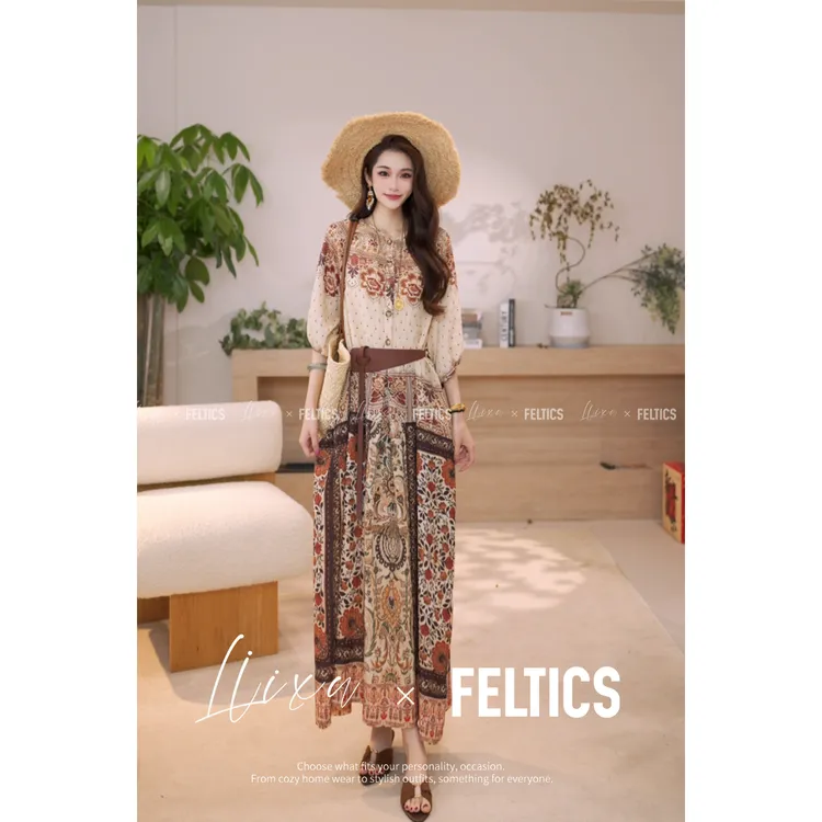 FELTICS&LIIXU度假风半袖连衣裙夏季宽松显瘦裙a字长裙F52NTZ218