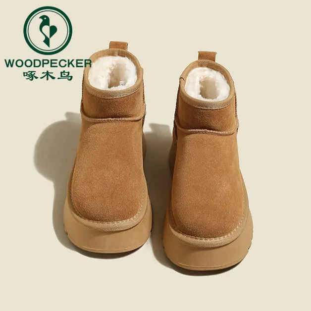 啄木鸟厚底雪地靴女冬季2025新款明星同款加绒厚增高保暖棉鞋外穿