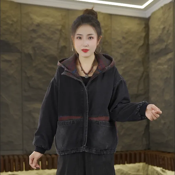 2025年冬季新款加绒加棉加厚宽松百搭连帽棉服牛仔棉袄2665