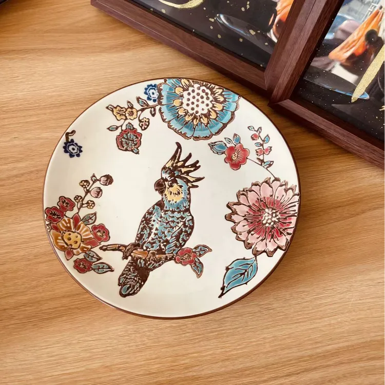【SRM家】21.5*2.5CM 鹦鹉花卉早餐盘 手工甜品盘 家用陶瓷菜盘