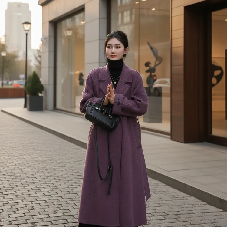 2025秋冬新款宽松长款极简风紫色羊毛外套女百搭气质时尚8935