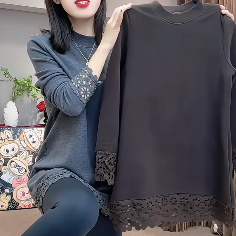 中长款秋冬拼接长袖百搭网红T恤圆领蕾丝打底衫常规显瘦气质洋气
