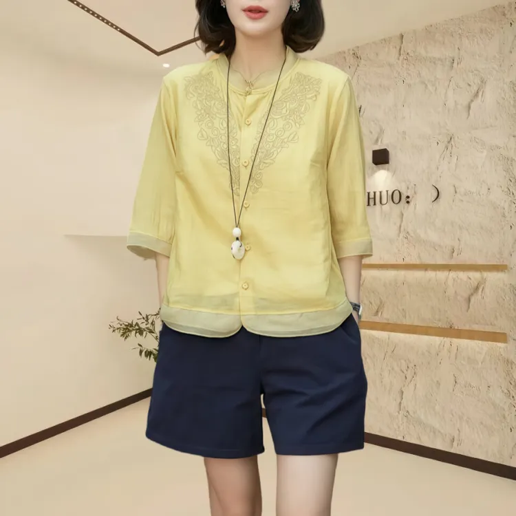 刺绣立领中式成人夏季薄款衬衫新中式套装百搭显白洋气衣服T恤潮