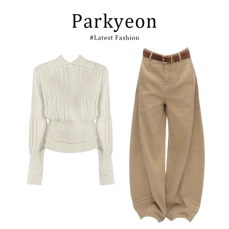 parkyeon韩系高级感翻领镂空长袖针织衫工装直筒休闲裤时尚两件套