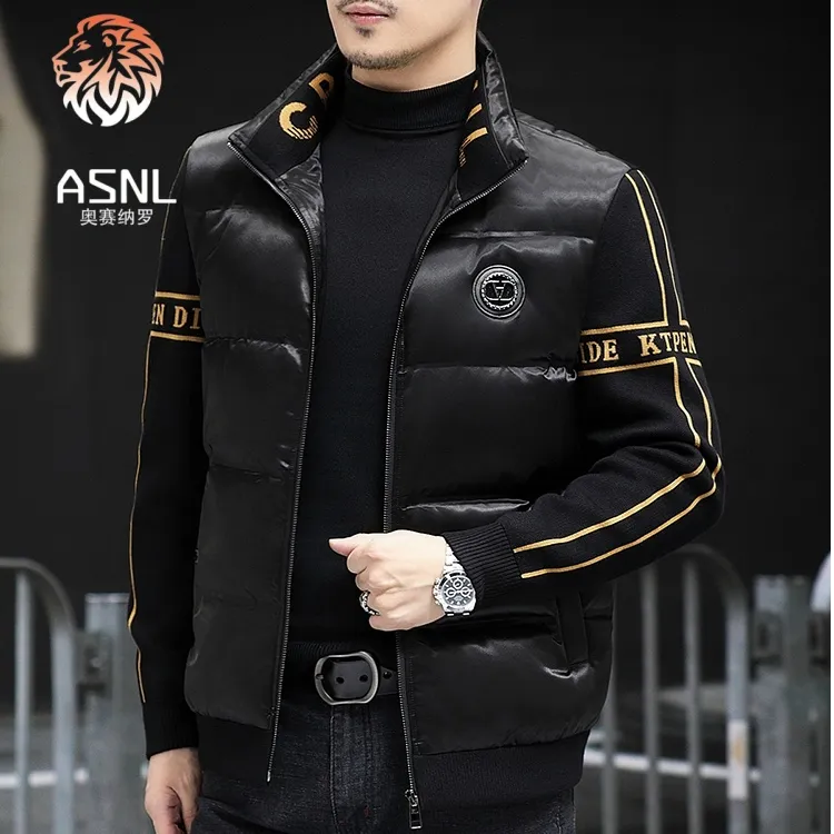 潮流羽绒服男短款2025冬季新款立领针织袖拼接白鸭绒夹克保暖外套