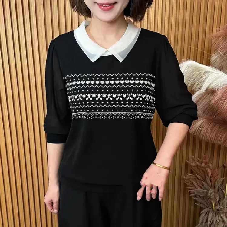 春季新款时尚欧根纱领印花遮肚显瘦洋气妈妈装长袖上衣百搭小衫女