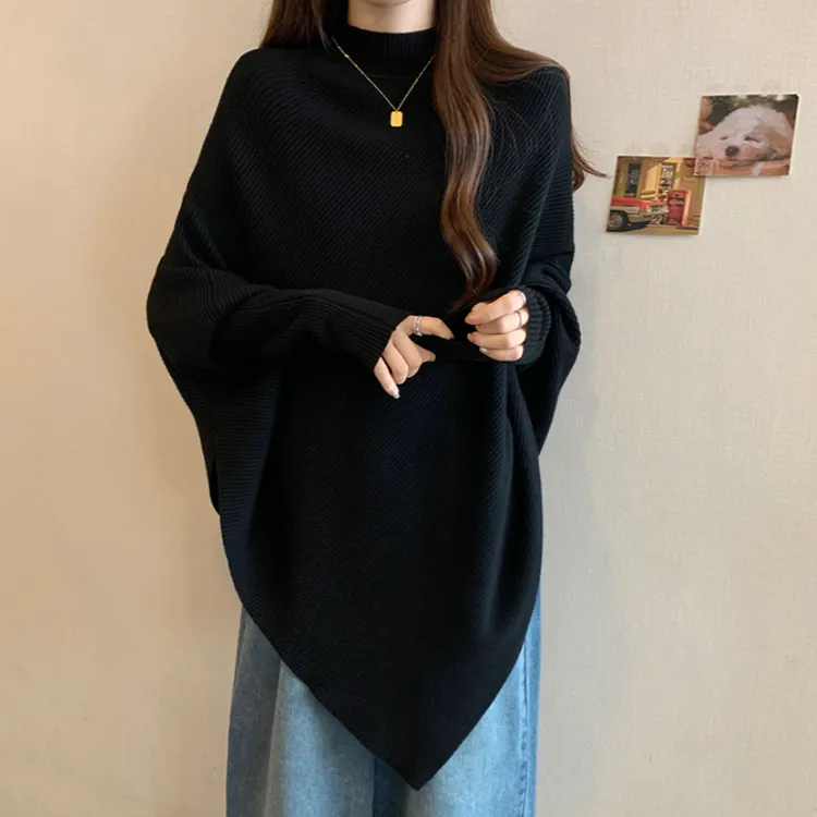 大码秋季遮肚子不规则长袖毛衣打底衫女胖mm显瘦斗篷减龄针织上衣