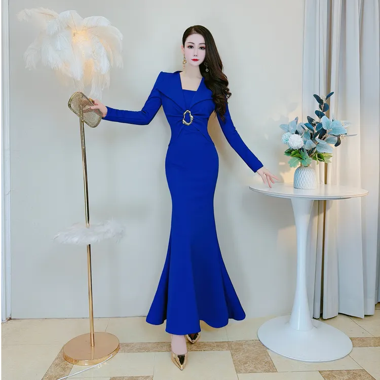 【雪儿原创】气质女人味修身显瘦纯色鱼尾长裙收腰包臀长袖连衣裙