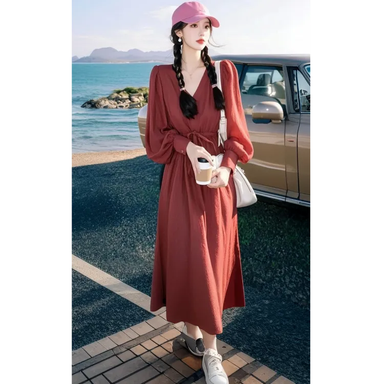 多巴胺绝美长裙女2025春装新款法式高级感绝美酒红色灯笼袖连衣裙