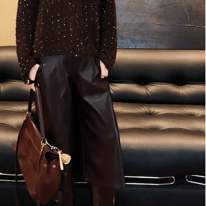 J·Y纪遇丨美式复古时尚直筒2025秋季舒适显瘦七分百搭气质皮裤