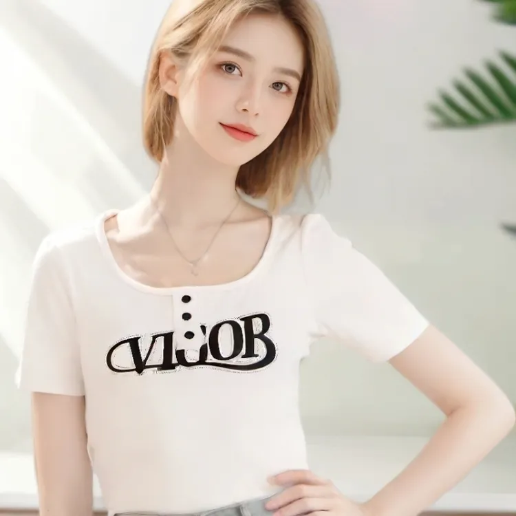 短袖修身法式白色U领短袖T恤夏季ins设计感半袖百搭时尚纯棉小众