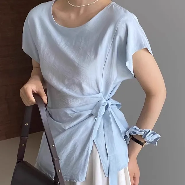 系带收腰短袖衬衫女夏季下摆开叉设计感法式上衣修身显瘦褶皱小衫