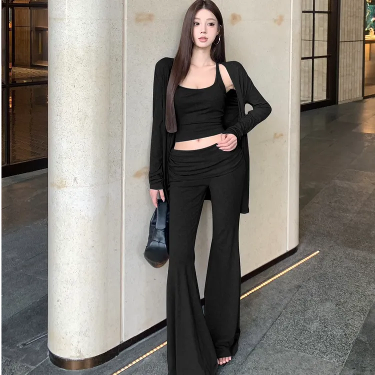 2024夏季气质辣妹吊带背心黑色开衫女高腰休闲阔腿裤时尚三件套装