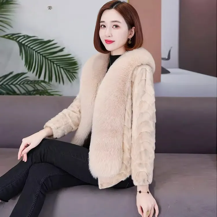 海宁真皮水貂毛大衣女2025新冬正品牌围巾狐狸毛领拼貂皮草外套