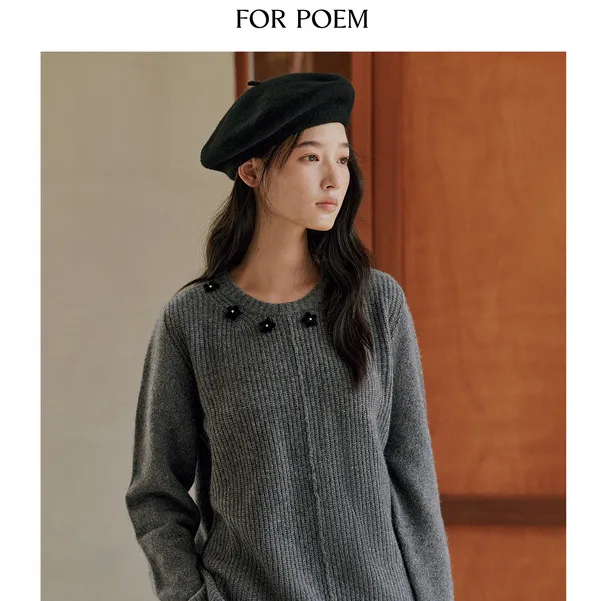 ForPoem 25/FW 原创设计秋冬立体花朵灰色牦牛绒套头毛衣针织衫