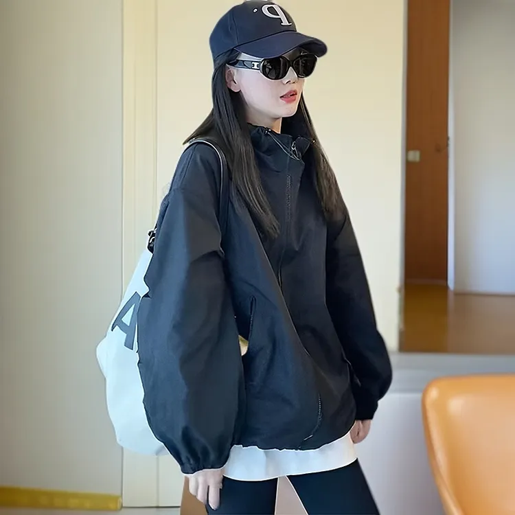 春秋运动连帽冲锋衣外套女新款高级感休闲小个子抽绳夹克防风衣