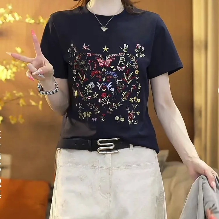 设计师轻奢重工绣花刺绣短袖T恤女2025新款夏季百搭圆领显瘦上衣