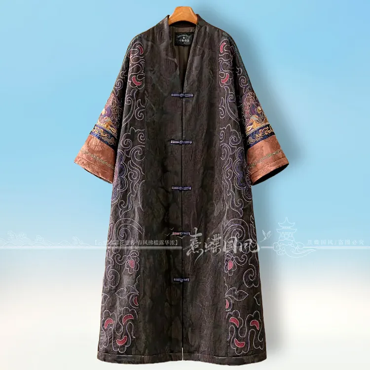 楚馨新中式重工刺绣盘扣中长款棉衣女宽松文艺复古民族风棉服