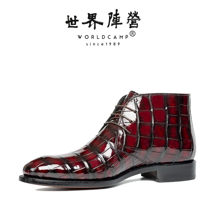 鳄鱼专家|私人定制酒红色鳄鱼皮切尔西男靴秋冬新款真皮皮鞋