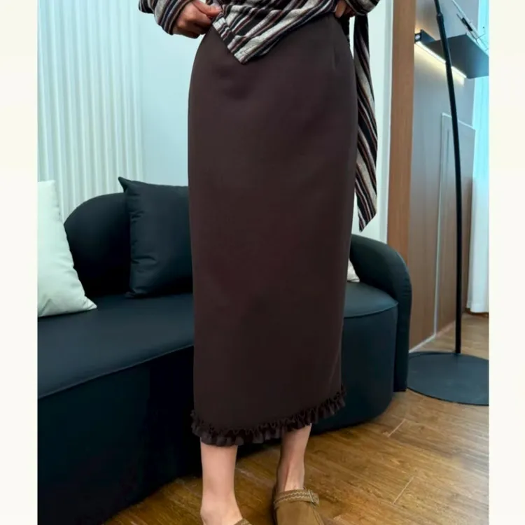 2025年秋季欧货时尚半身裙女高腰修身显瘦木耳边拼接休闲风半身裙