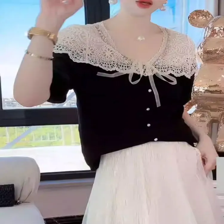 高级感蕾丝拼接针织衫女2025秋季新款重工镂空百搭显瘦上衣潮3730