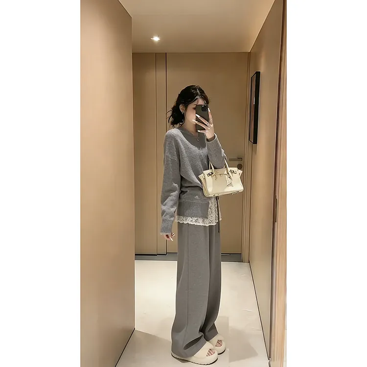 早春季高级穿搭一整套女2026设计感圆领针织蕾丝拼接休闲裤两件套