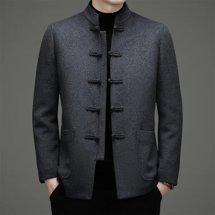 默尼密司羊毛呢立领唐装男冬加厚国风提花高级感鹅绒内胆盘扣外套
