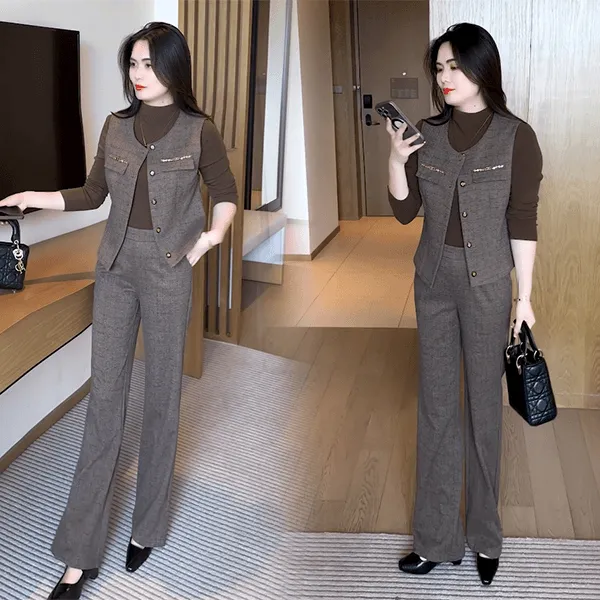 休闲风时尚套装女2025秋季新款小个子穿搭气质马甲阔腿裤三件套潮