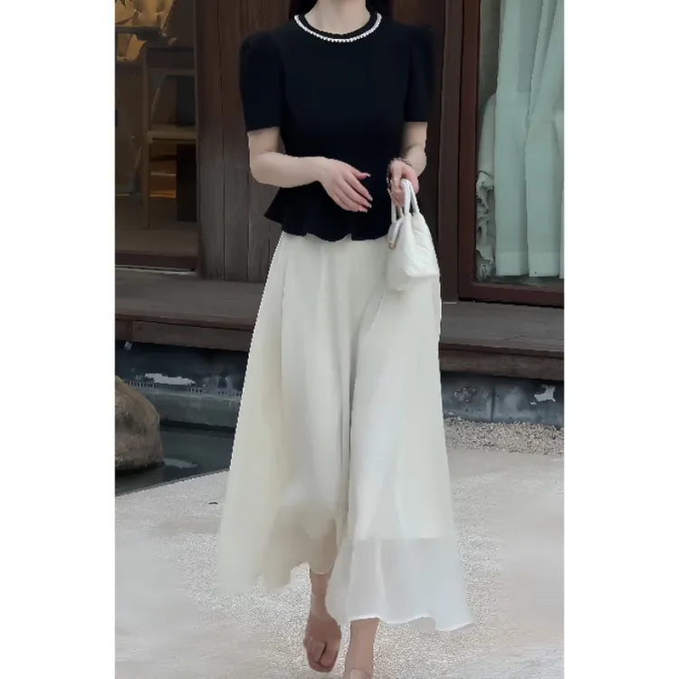 夏季法式高级珍珠拼接泡泡袖中国风女装上衣时尚千金风设计感小众