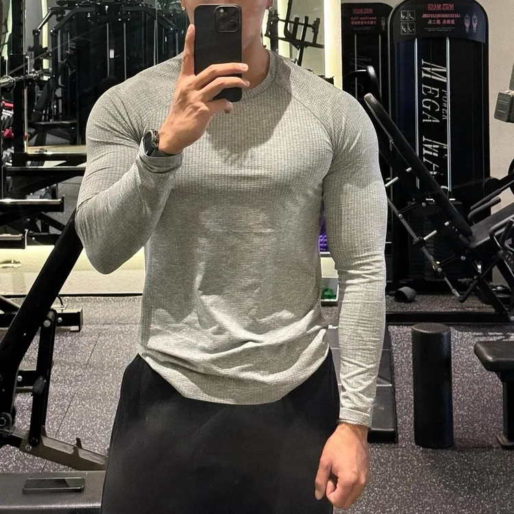 mvt无缝提花长袖运动男子速干训练健身户外弹力修身纯色圆领上衣