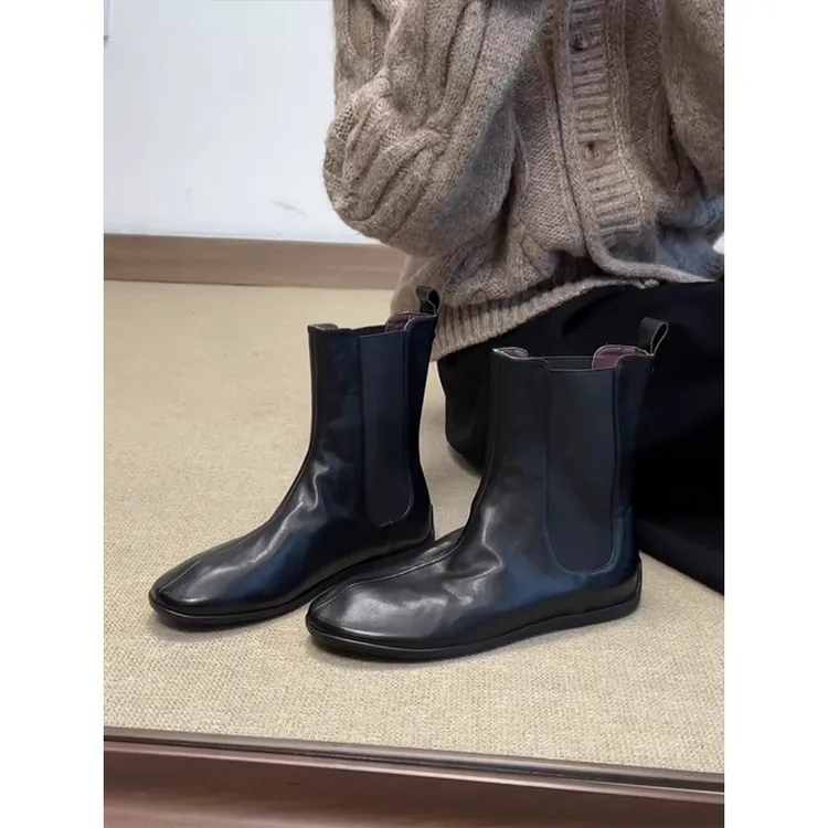 羊皮版~2025秋冬款复古风圆头内增高短靴百搭韩版显瘦切尔西靴女