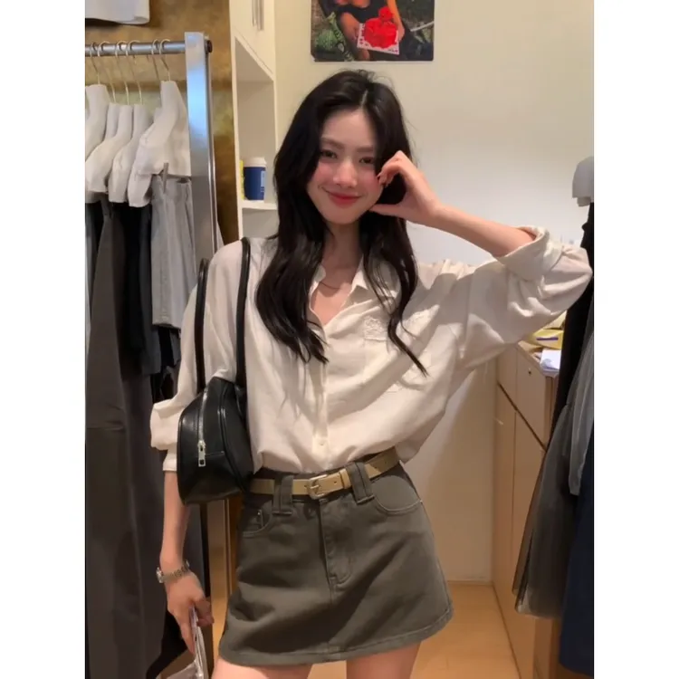 INS CEC时尚慵懒蕾丝花边口袋后绑带设计感衬衫辣妹百搭包臀短裙