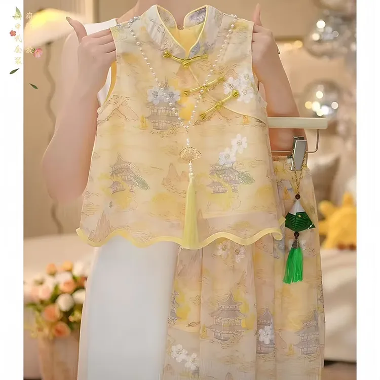 女童国风碎花无袖裙裤套装2025新款新中式立领古风背心九分裤夏季