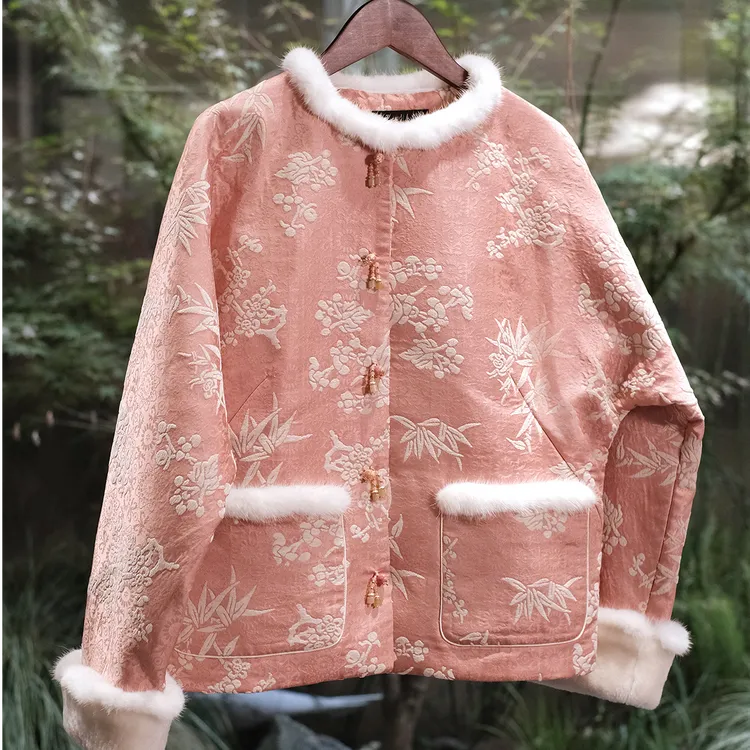 盛唐婧|轻奢新中式提花绒拼水貂对襟夹棉外套