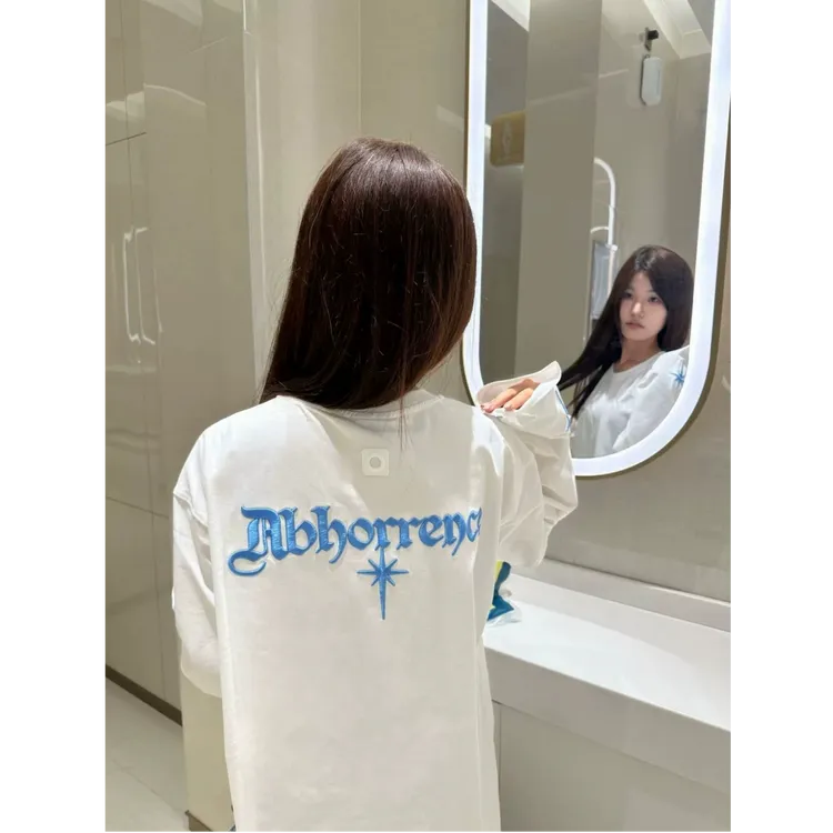 新款下坠星星哥特标语刺绣长袖t恤男女春秋美式高街潮牌宽松上衣