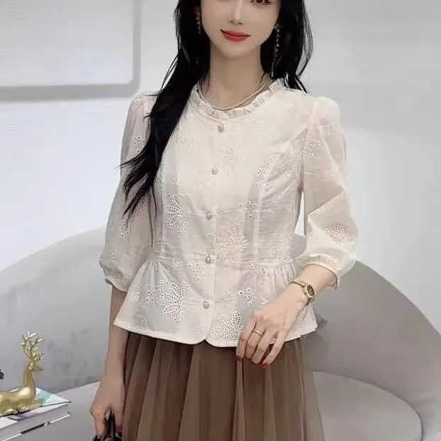 100%纯棉法式圆领衬衫女2025秋季新款显瘦减龄宽松遮肚百搭上衣潮
