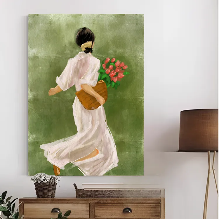 中古风美式无框装饰画花季少女人物玄关绿色复古挂画卧室沙发背景