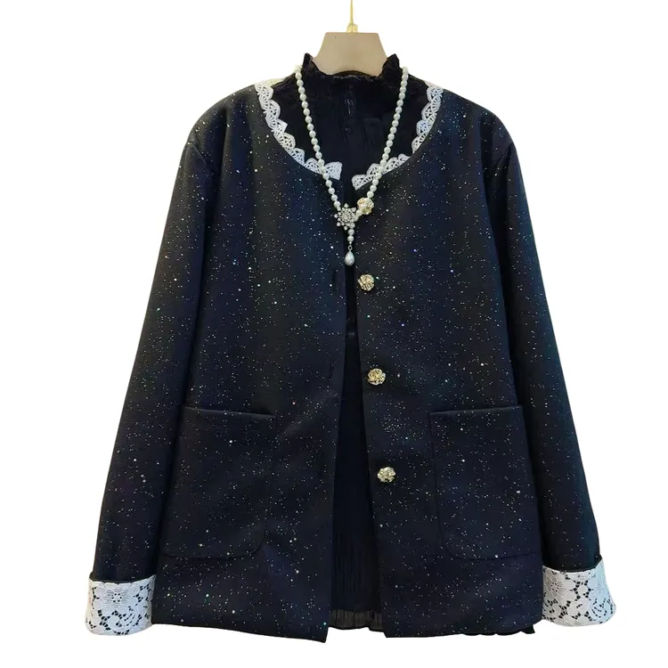 小香风细闪袖口拼接时尚百搭圆领薄款棉服（长62左右）