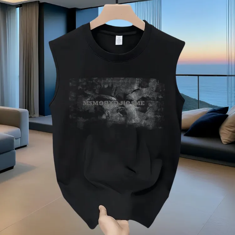 MSM烟雾重磅夏季潮牌圆领无袖t恤背心男款美式坎肩印花纯棉