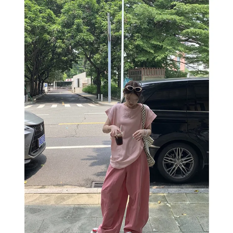 2025新款春夏季女士韩版减龄宽松休闲百搭短袖T恤高腰阔腿休闲裤