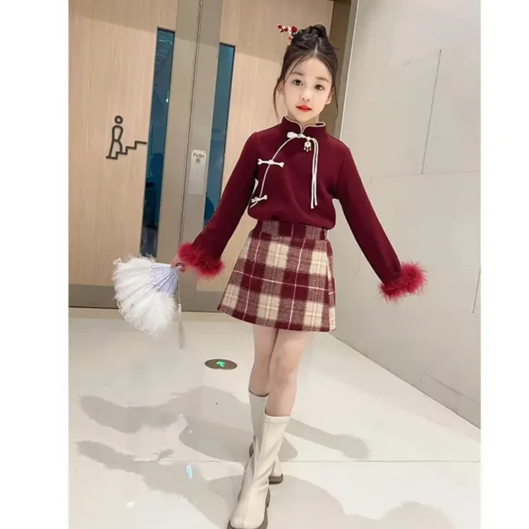 女童冬季时尚新款拜年服新中式加绒上衣加厚洋气格子裙套装中国风