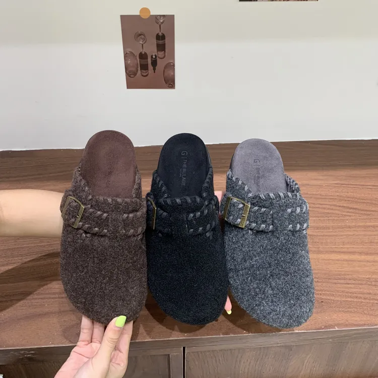 网红2025秋冬呢子厚底勃肯鞋拖鞋懒人毛毛鞋女外穿增高毛茸茸半拖