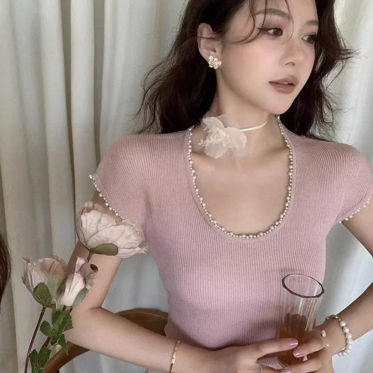 重工钉珠粉色u领正肩针织短袖t恤薄款夏季洋气独特别致小众I2-24